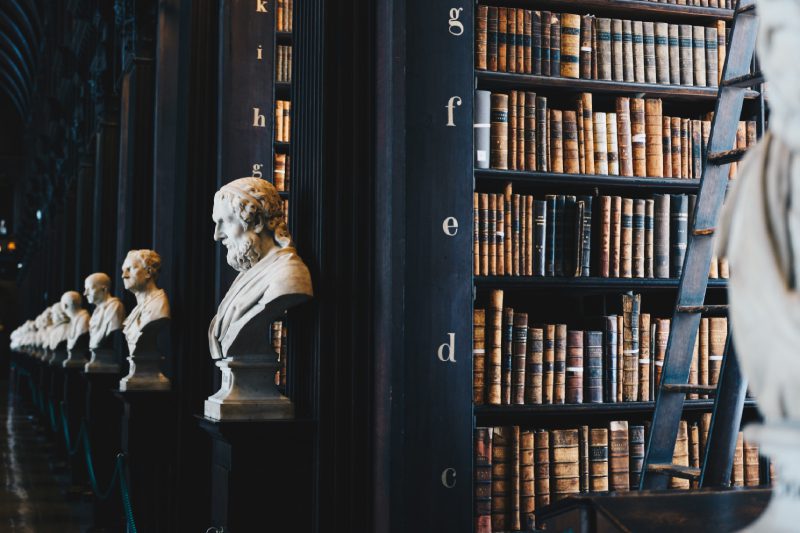 A library with many books and two busts of people
